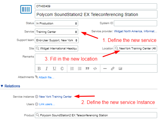 Link a CI to a new service, service instance and location